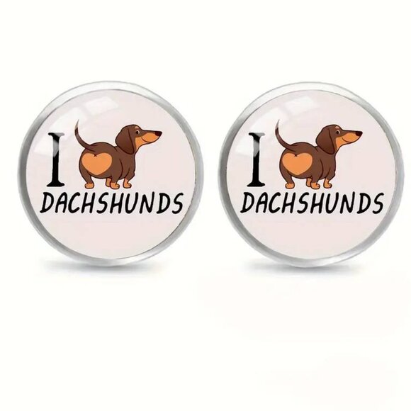Silver I LOVE DACHSHUND Dog Stud Earrings - Picture 1 of 4